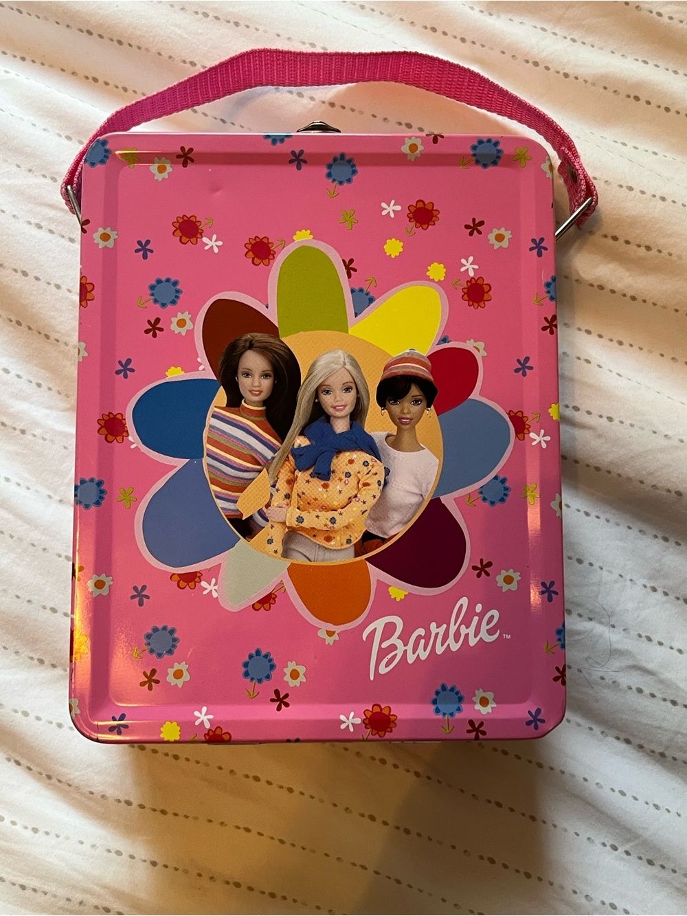 Barbie Pink Floral Doll Tin Lunchbox with Multicolor Petal Design